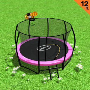 Outdoor Trampoline - 12ft | Safety Enclosure, Pad, Mat, Ladder, Basketball Hoop Set - Pink