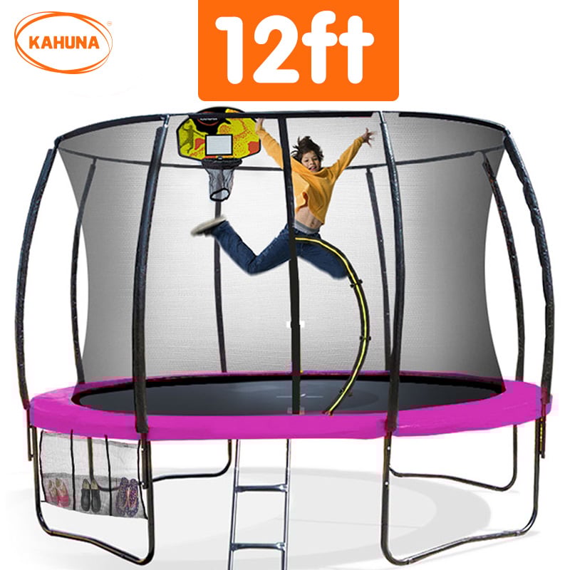 Outdoor Trampoline - 12ft | Safety Enclosure, Pad, Mat, Ladder, Basketball Hoop Set - Pink