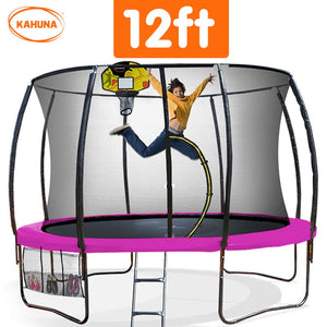 Outdoor Trampoline - 12ft | Safety Enclosure, Pad, Mat, Ladder, Basketball Hoop Set - Pink