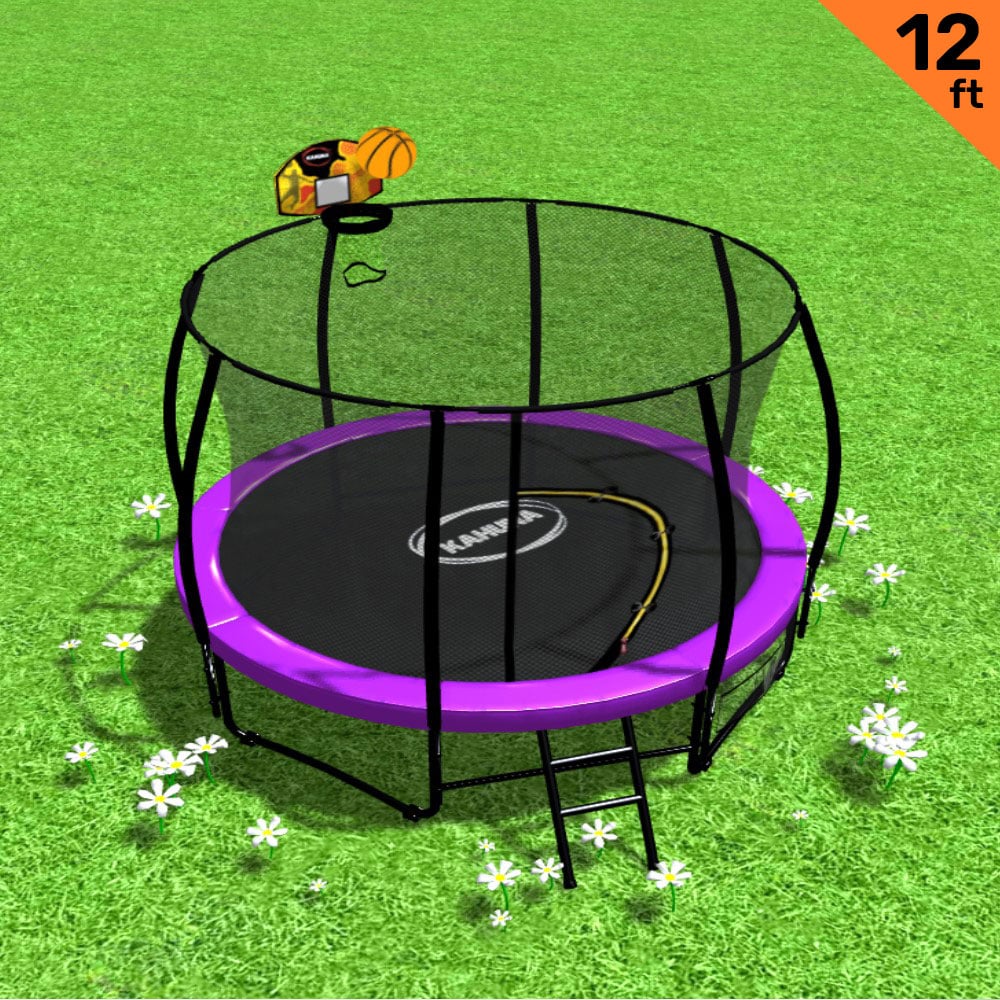 Outdoor Trampoline - 12ft | Safety Enclosure, Pad, Mat, Ladder, Basketball Hoop Set - Purple