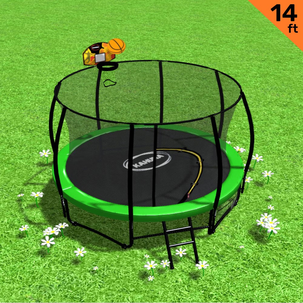 Outdoor Trampoline - 14ft | Safety Enclosure, Pad, Mat, Ladder, Basketball Hoop Set - Green