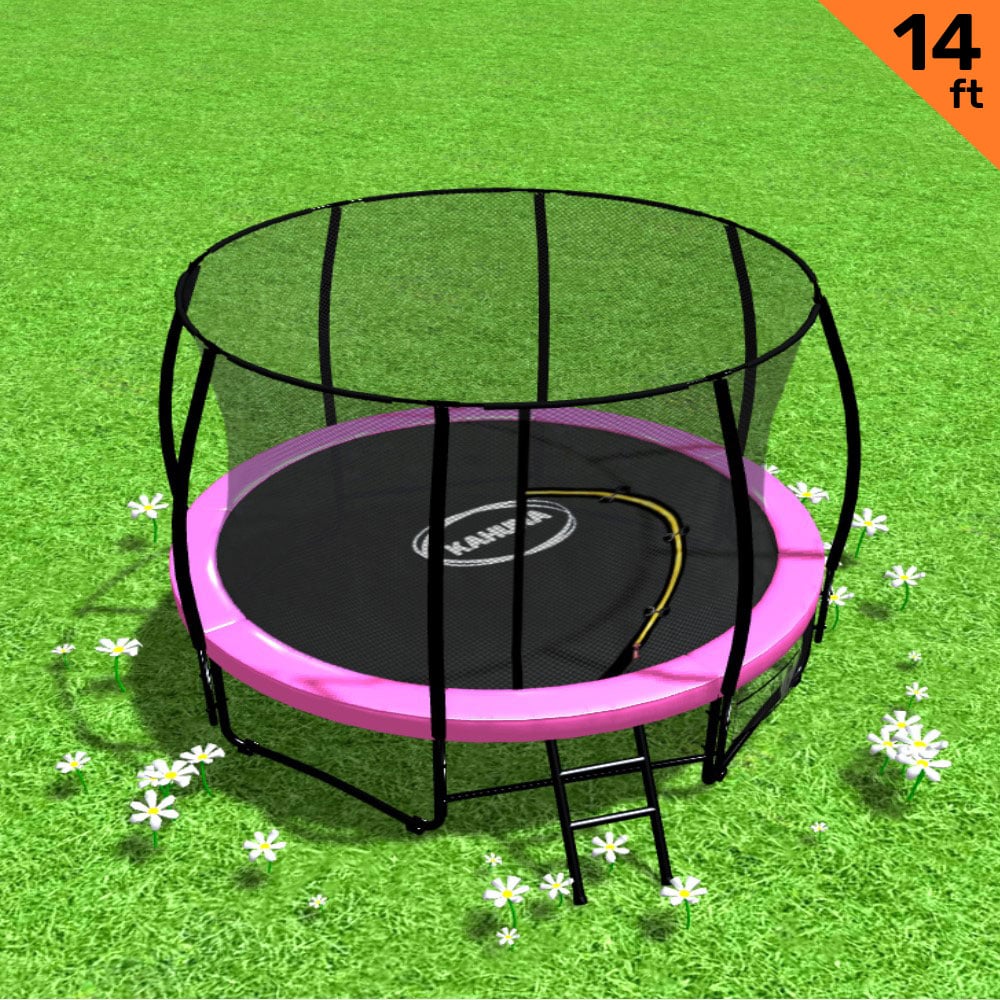 Trampoline - 14ft | Free Ladder, Spring Mat, Net, Safety Pad Cover, Round Enclosure - Pink