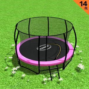 Trampoline - 14ft | Free Ladder, Spring Mat, Net, Safety Pad Cover, Round Enclosure - Pink
