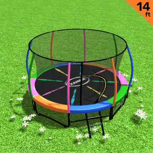 Trampoline - 14ft | Free Ladder, Spring Mat, Net, Safety Pad Cover, Round Enclosure - Rainbow
