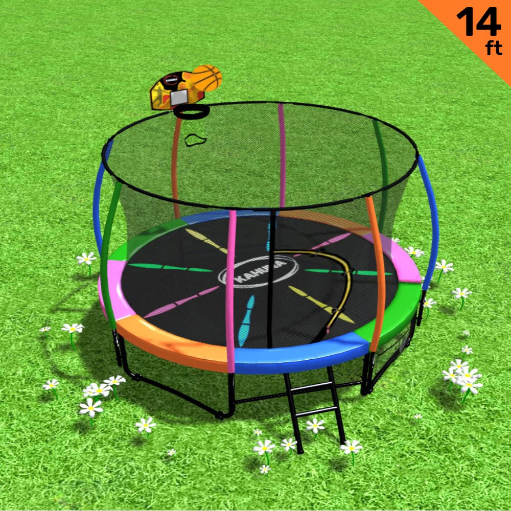 14ft Outdoor Trampoline Set: Safety Enclosure, Pad, Mat, Ladder, Basketball Hoop - Rainbow