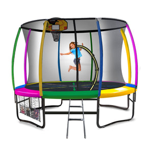 14ft Outdoor Trampoline Set: Safety Enclosure, Pad, Mat, Ladder, Basketball Hoop - Rainbow