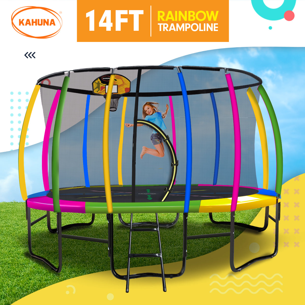 14ft Outdoor Trampoline Set: Safety Enclosure, Pad, Mat, Ladder, Basketball Hoop - Rainbow