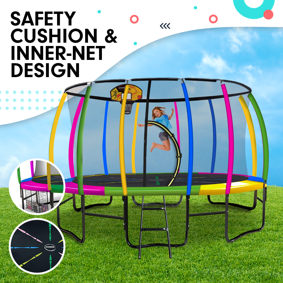 14ft Outdoor Trampoline Set: Safety Enclosure, Pad, Mat, Ladder, Basketball Hoop - Rainbow