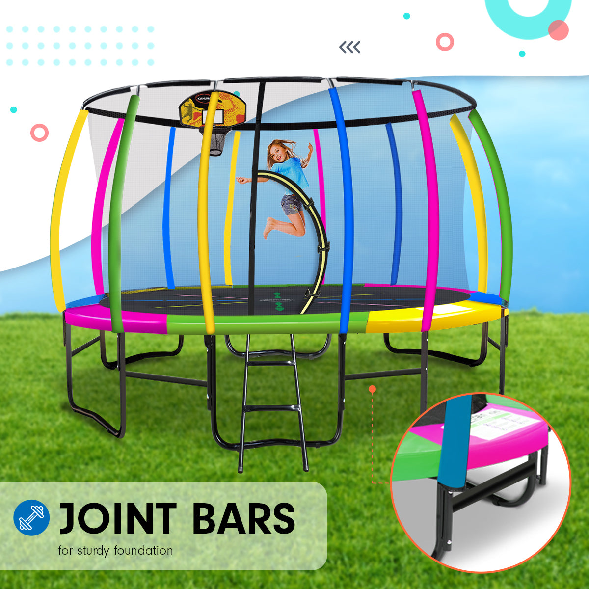 14ft Outdoor Trampoline Set: Safety Enclosure, Pad, Mat, Ladder, Basketball Hoop - Rainbow