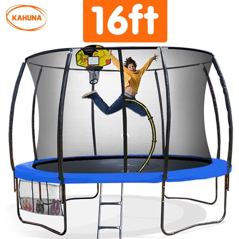 Outdoor Trampoline for Kids and Children - 16ft | Safety Enclosure, Pad, Mat, Ladder, Basketball Hoop Set - Blue