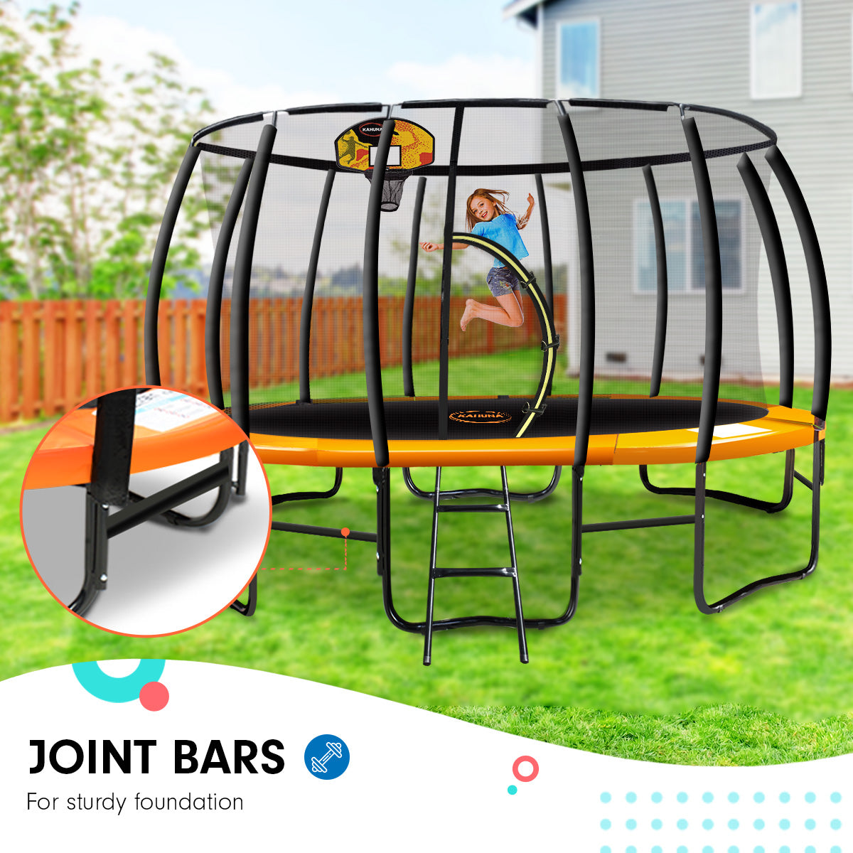 16ft Outdoor Trampoline for Kids with Safety Enclosure, Pad, Mat, Ladder, and Basketball Hoop Set - Orange