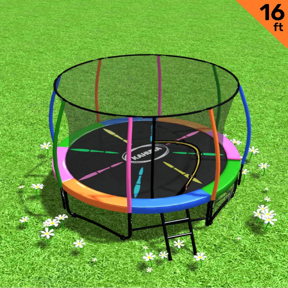 16ft Trampoline Safety Set: Ladder, Spring Mat, Net, Pad Cover - Rainbow