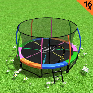 16ft Trampoline Safety Set: Ladder, Spring Mat, Net, Pad Cover - Rainbow