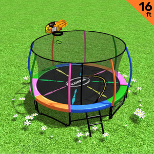 16ft Outdoor Trampoline Set: Safety Enclosure, Pad, Mat, Ladder, Basketball Hoop - Rainbow