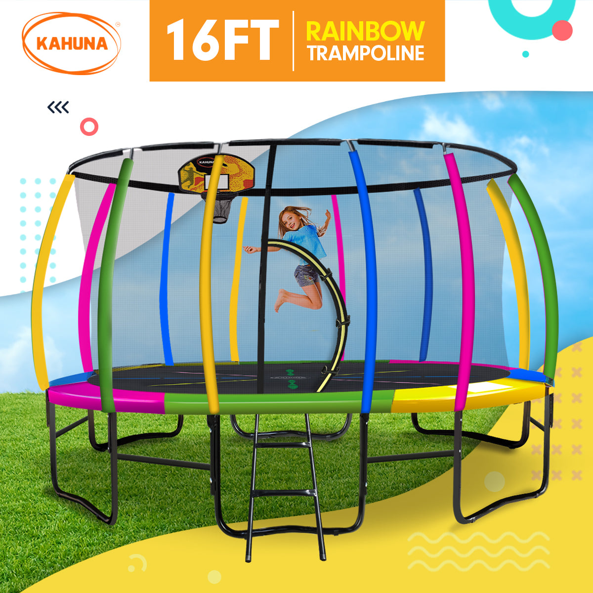 16ft Outdoor Trampoline Set: Safety Enclosure, Pad, Mat, Ladder, Basketball Hoop - Rainbow
