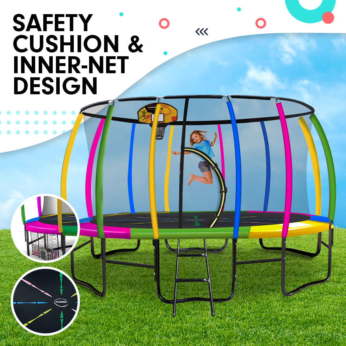 16ft Outdoor Trampoline Set: Safety Enclosure, Pad, Mat, Ladder, Basketball Hoop - Rainbow