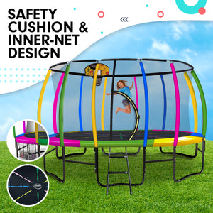 16ft Outdoor Trampoline Set: Safety Enclosure, Pad, Mat, Ladder, Basketball Hoop - Rainbow