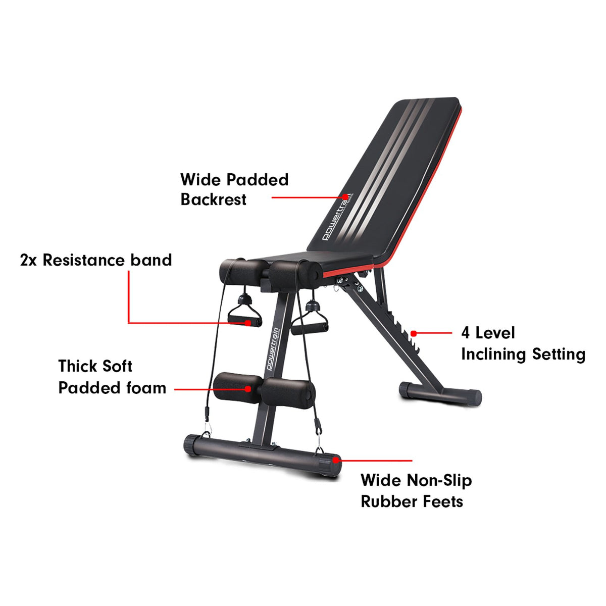 Powertrain Adjustable Incline Decline Exercise Bench | Resistance Bands