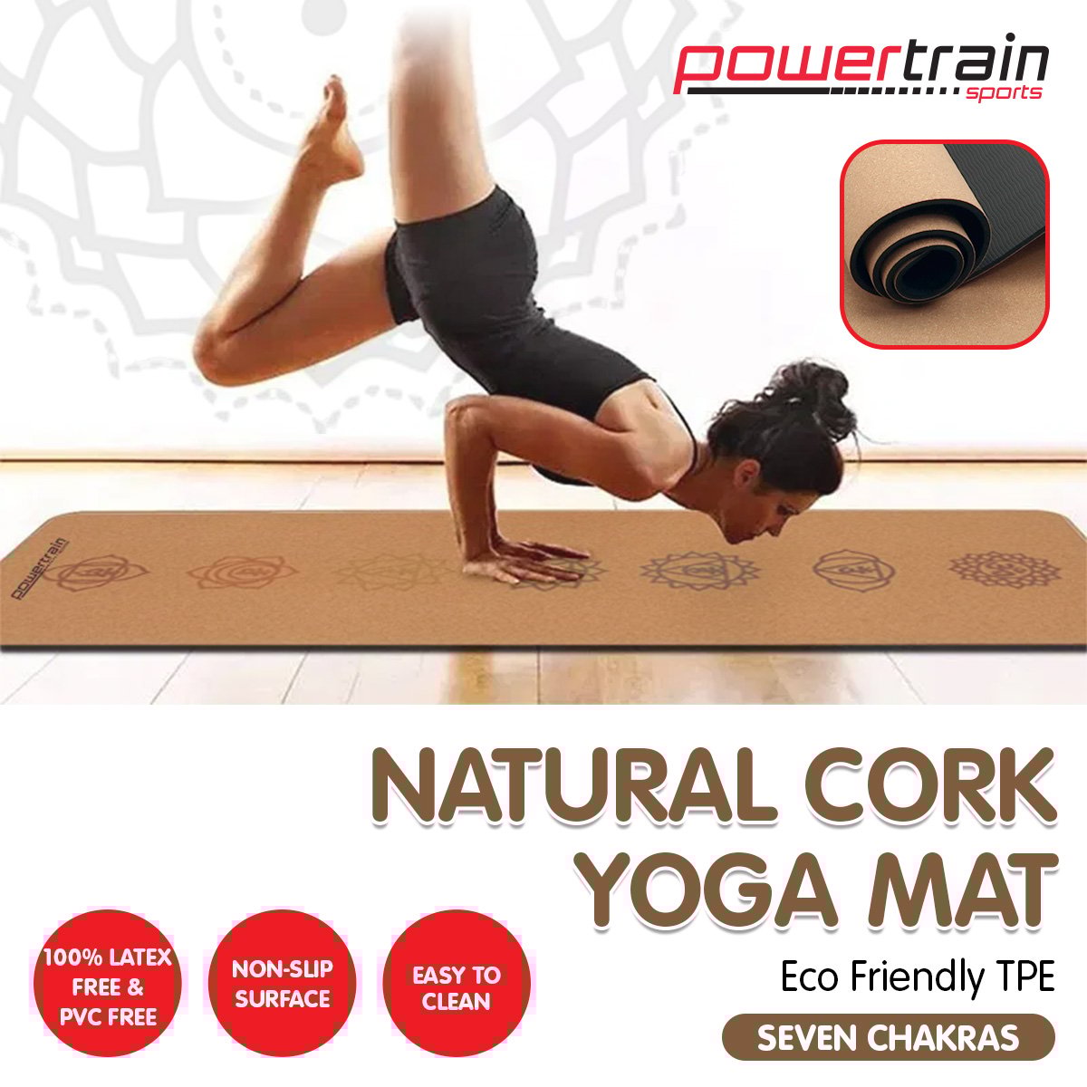 Cork Yoga Mat with Carry Straps | Home Gym Pilates - Chakras