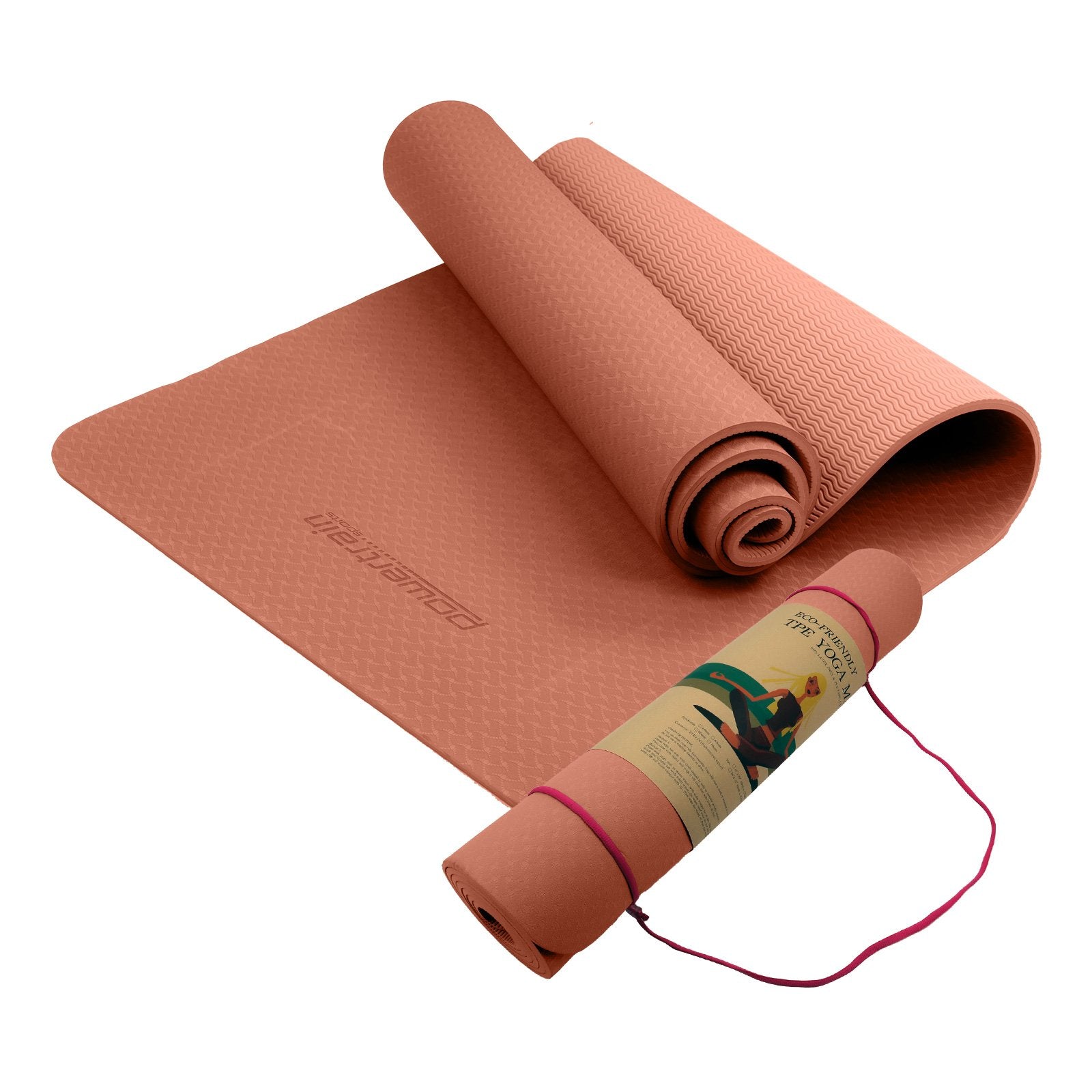 Eco-friendly Dual Layer 6mm Yoga Mat - Peach, Non-slip Surface and Carry Strap for Comfort and Portability by Powertrain