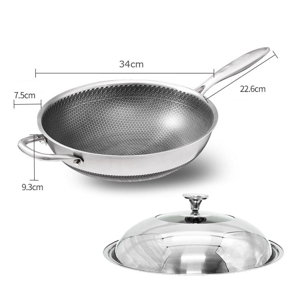34cm Stainless Steel Non-Stick Stir Fry Cooking Kitchen Honeycomb Wok Pan with Lid - The Hippie House