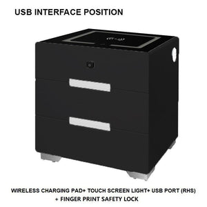 Smart Bedside Tables Finger Print Lock Side 3 Drawers Wireless Charging USB Nightstand LED AU