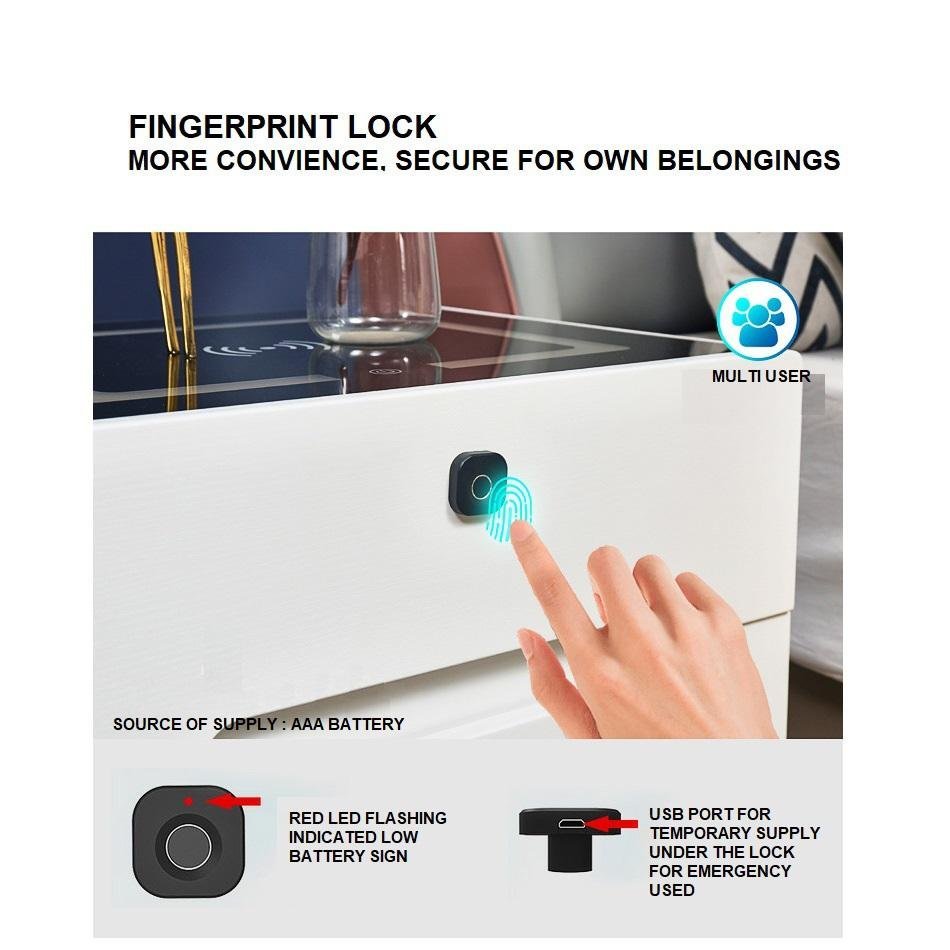 Smart Bedside Tables Finger Print Lock Side 3 Drawers Wireless Charging USB Nightstand LED AU