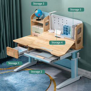 Children Study Desk Chair Set | Solid Rubber Wood | Height Adjustable | 120cm | Blue | Kids Ergonomic