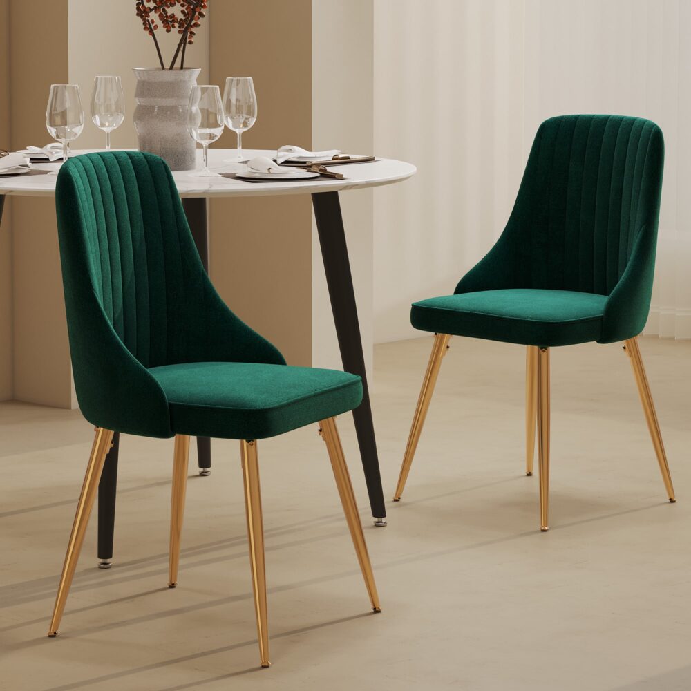Set of 2 Green Velvet Dining Chairs Art Deco Design with Gold Metal Legs by Viva Forever
