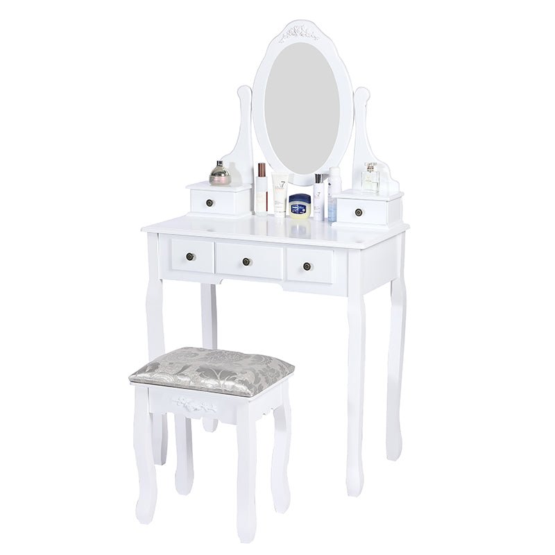 Carved Dressing Vanity Table Set with Mirror & Stool- White