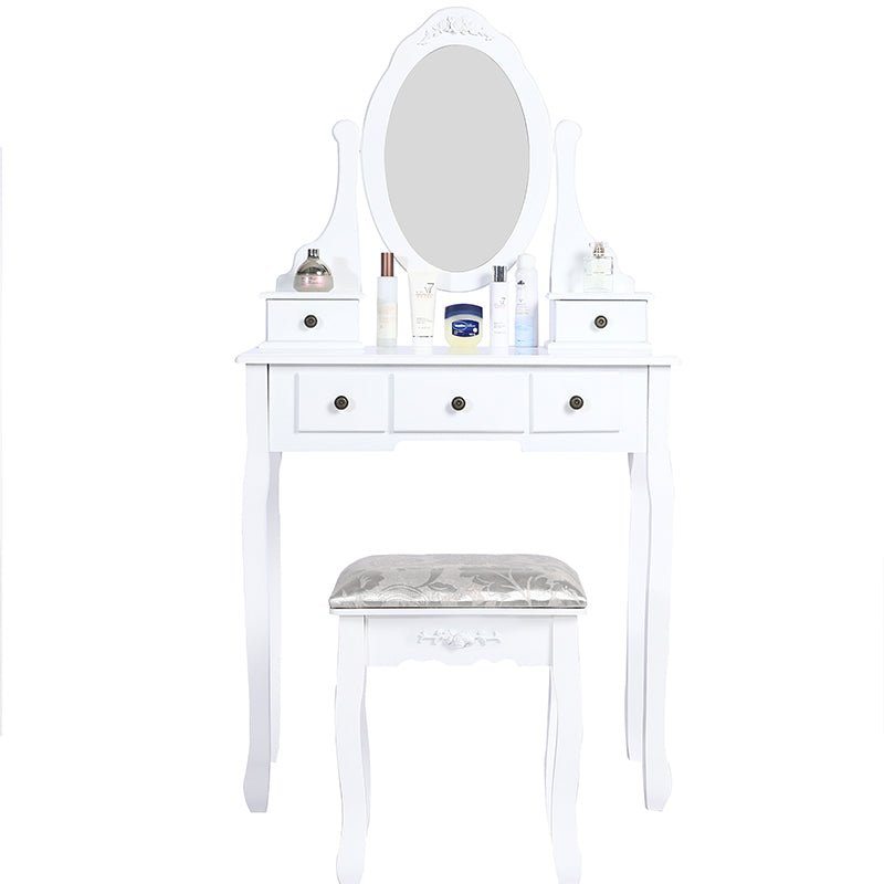 Carved Dressing Vanity Table Set with Mirror & Stool- White