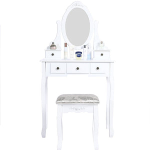 Carved Dressing Vanity Table Set with Mirror & Stool- White