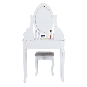 Carved Dressing Vanity Table Set with Mirror & Stool- White