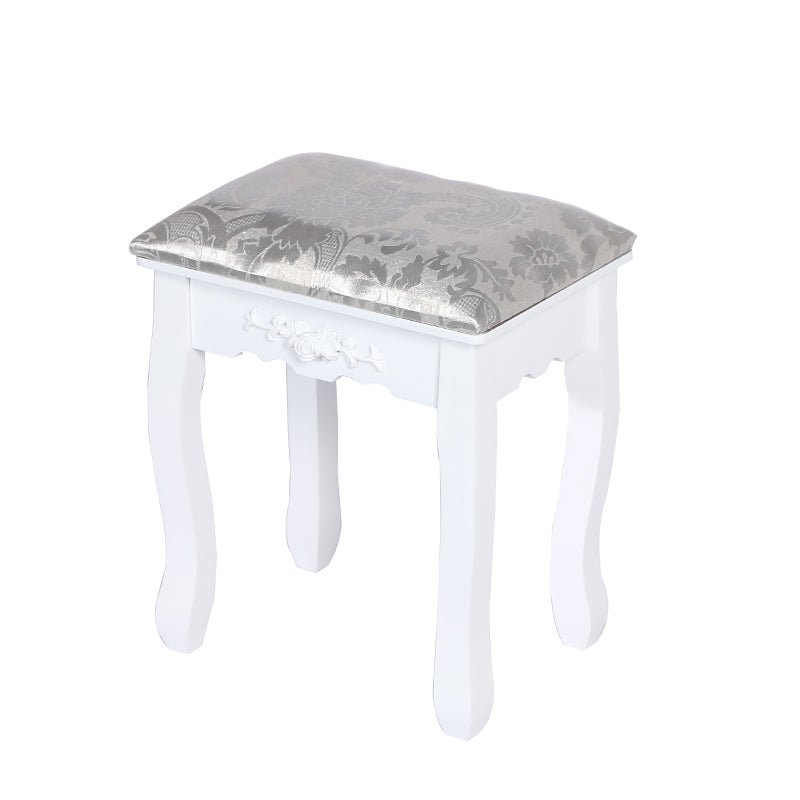 Carved Dressing Vanity Table Set with Mirror & Stool- White