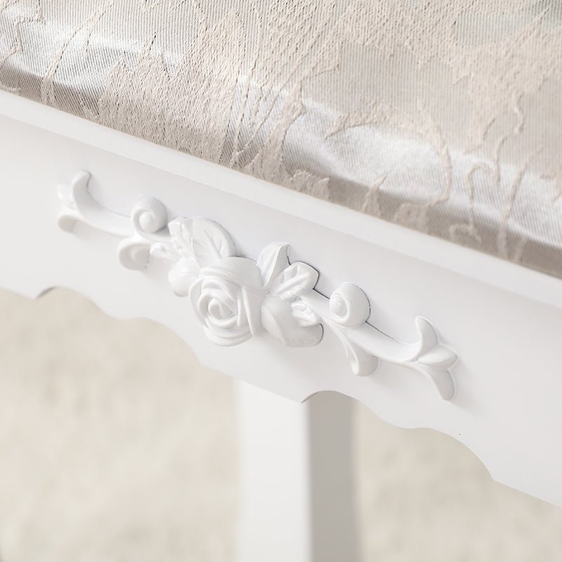 Carved Dressing Vanity Table Set with Mirror & Stool- White