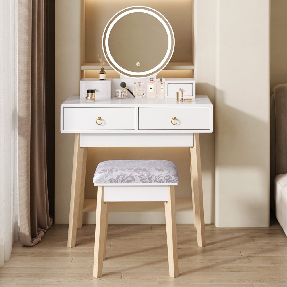 Dressing Vanity Table Stool Set | LED Lighted Mirror, Elegant White