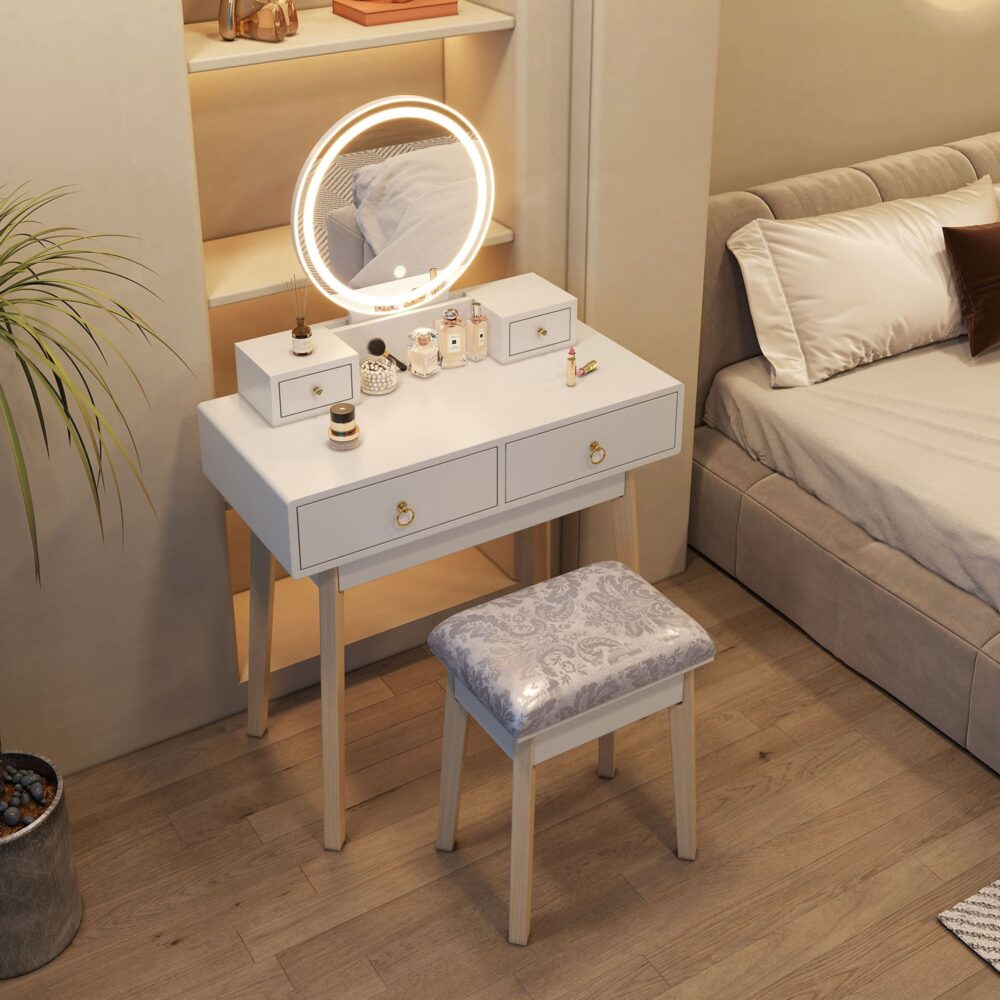 Dressing Vanity Table Stool Set | LED Lighted Mirror, Elegant White