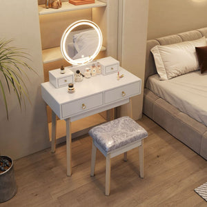 Dressing Vanity Table Stool Set | LED Lighted Mirror, Elegant White