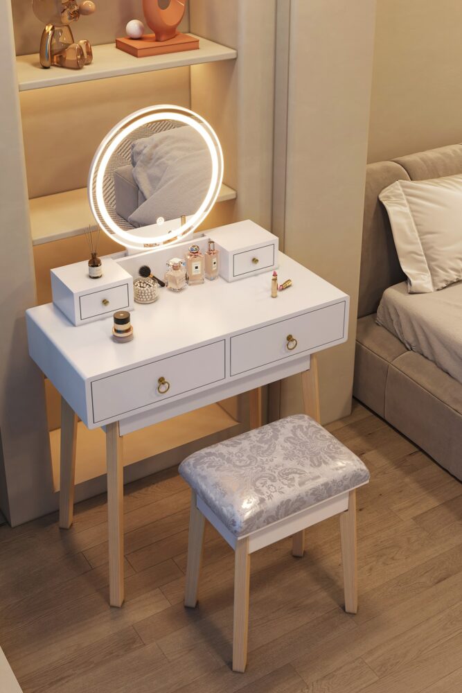 Dressing Vanity Table Stool Set | LED Lighted Mirror, Elegant White