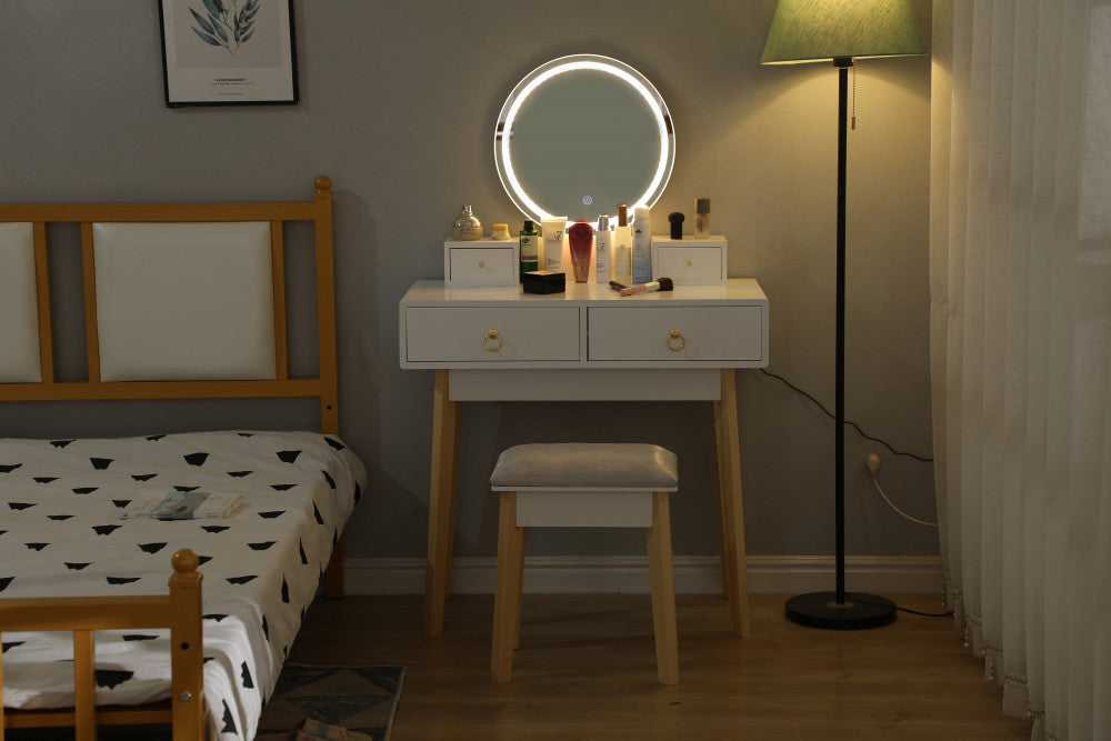 Dressing Vanity Table Stool Set | LED Lighted Mirror, Elegant White