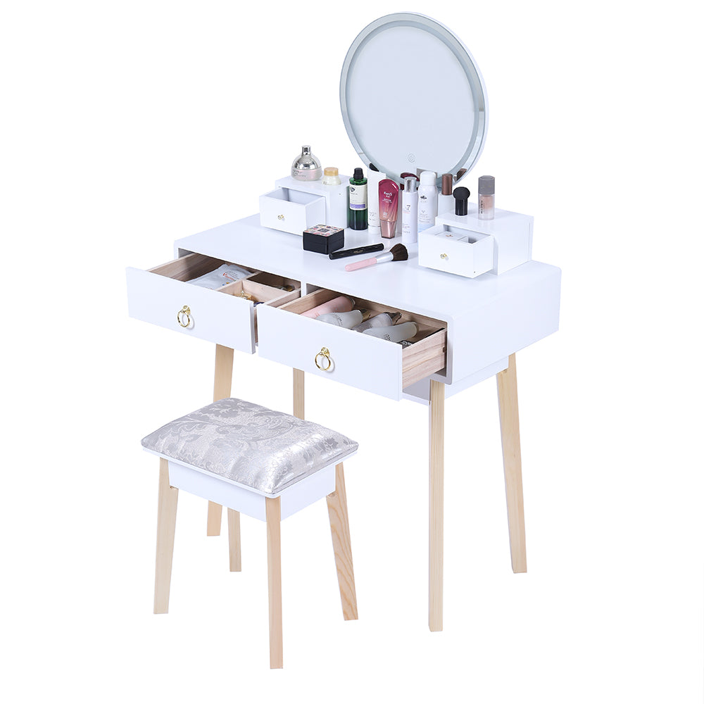 Dressing Vanity Table Stool Set | LED Lighted Mirror, Elegant White