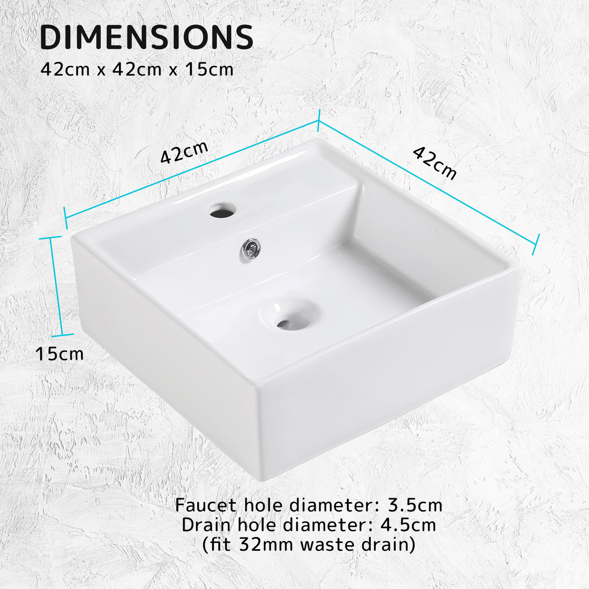 Muriel 42 x 42 x 15cm White Ceramic Bathroom Basin Vanity Sink Square Above Counter Top Mount Bowl - The Hippie House
