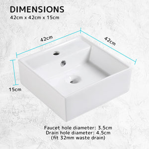 Muriel 42 x 42 x 15cm White Ceramic Bathroom Basin Vanity Sink Square Above Counter Top Mount Bowl - The Hippie House