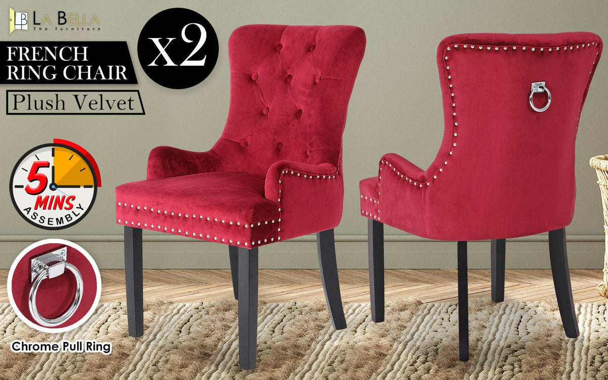 La Bella 2 Set Red French Provincial Dining Chair Ring Studded Lisse Velvet Rubberwood
