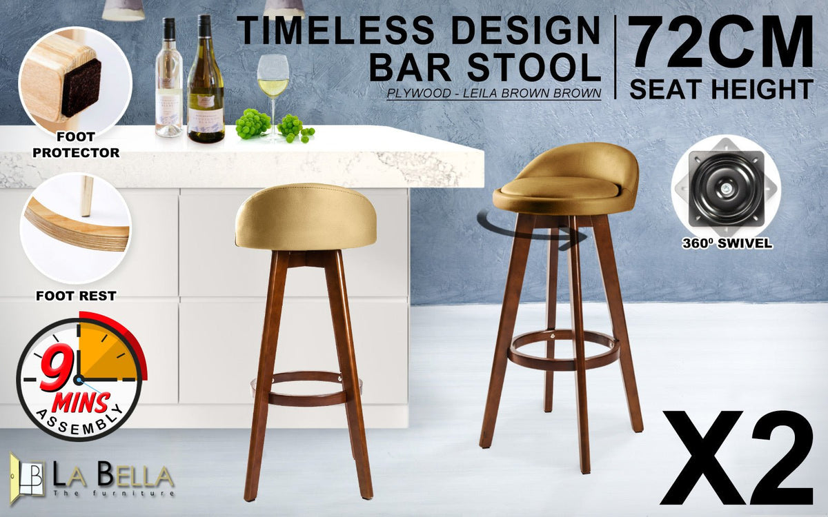 La Bella 2 Set 72cm Coffee Brown Wooden Bar Stool Leila Leather