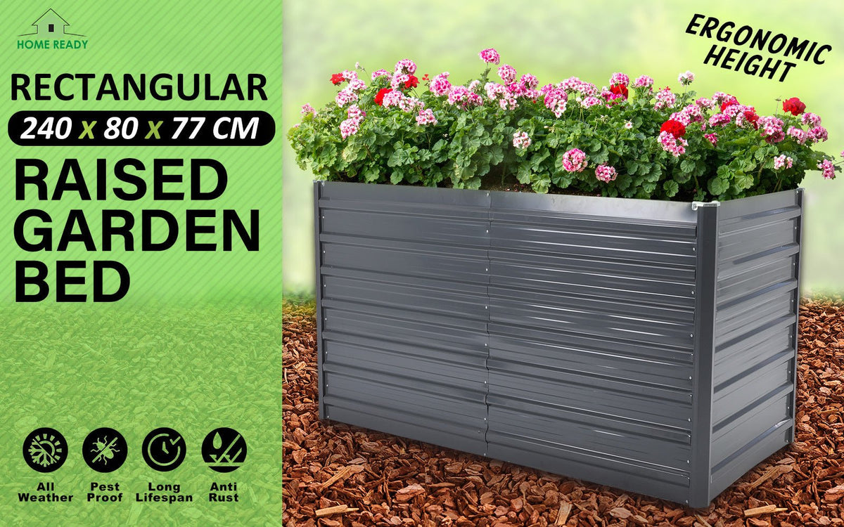 Home Ready 240 x 80 x 77cm Grey 2-in-1 Raised Garden Bed Galvanised Steel Planter