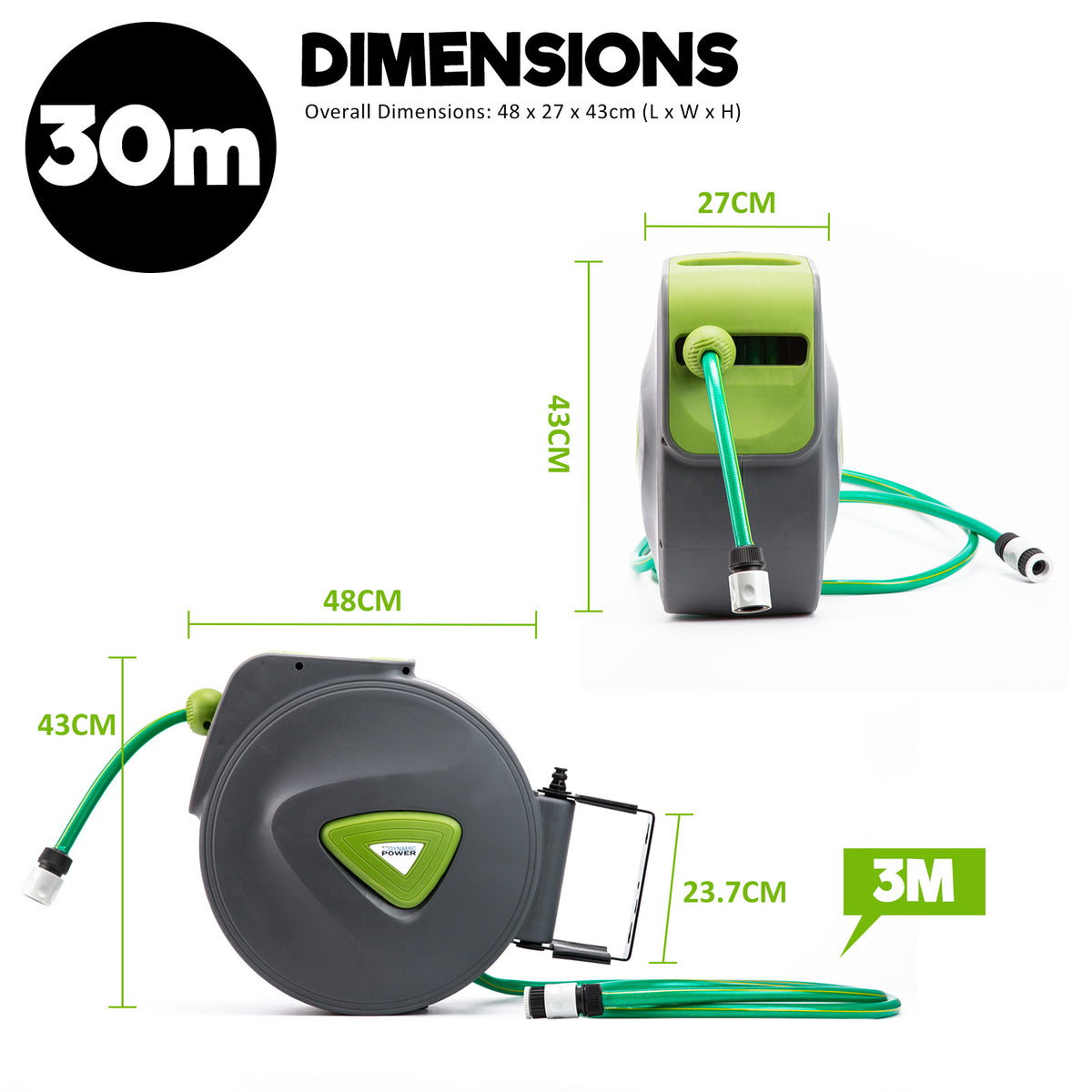 Dynamic Power Garden Water Hose 30M Retractable Rewind Reel + Brass Gun - The Hippie House