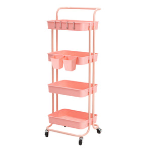 Kandoka 4 Tier Pink Trolley Cart Storage Utility Rack Organiser Swivel Kitchen