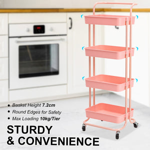 Kandoka 4 Tier Pink Trolley Cart Storage Utility Rack Organiser Swivel Kitchen
