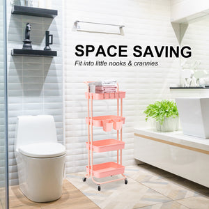 Kandoka 4 Tier Pink Trolley Cart Storage Utility Rack Organiser Swivel Kitchen - The Hippie House